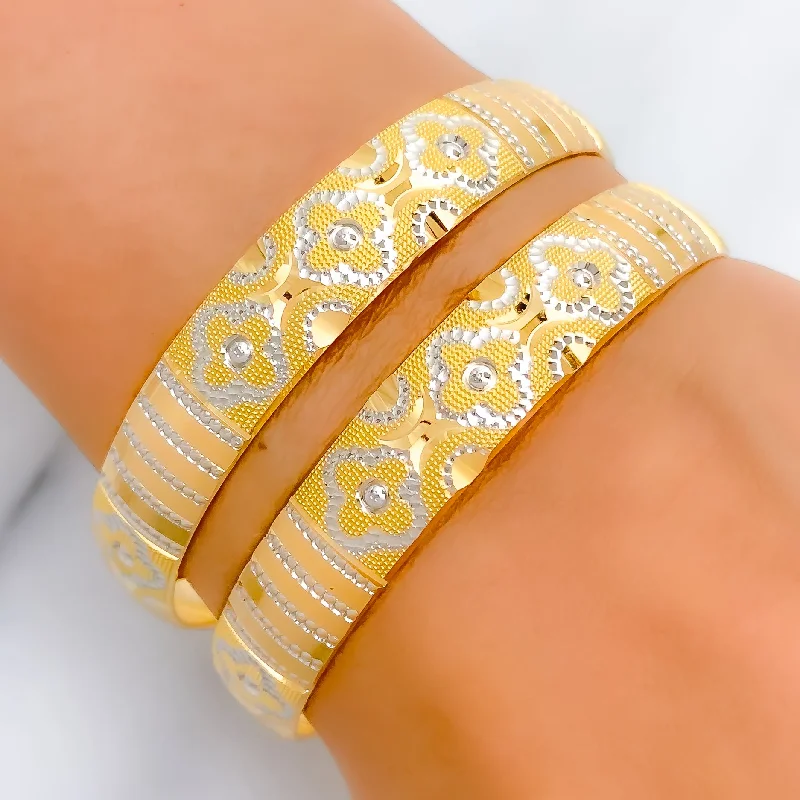 Women’s gold tennis bracelet-Detailed Floral 22k Gold Bangle Pair