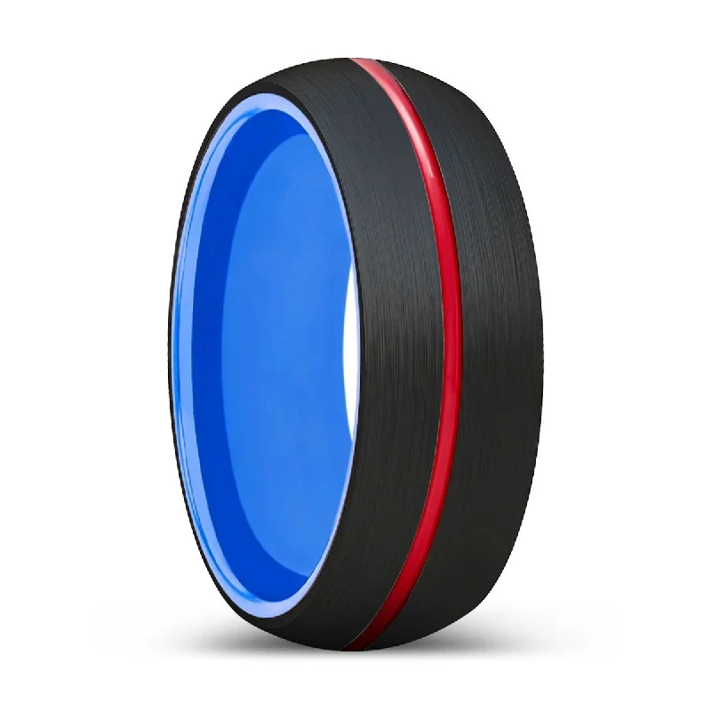 Women’s multi-stone engagement ring-NEMO | Blue Ring, Black Tungsten Ring, Red Groove, Domed