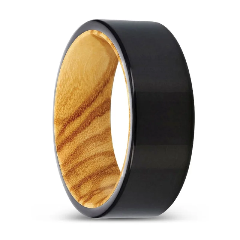 Women’s promise ring-MINKS | Olive Wood, Black Tungsten Ring, Shiny, Flat