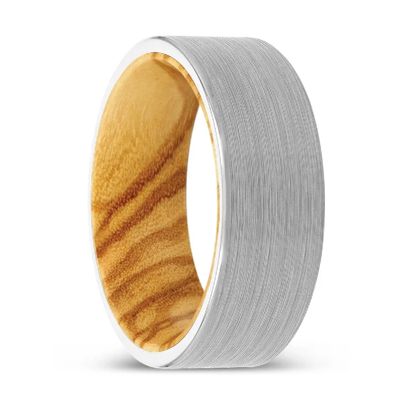 Women’s elegant wedding ring-AMANI | Olive Wood, White Tungsten Ring, Brushed, Flat