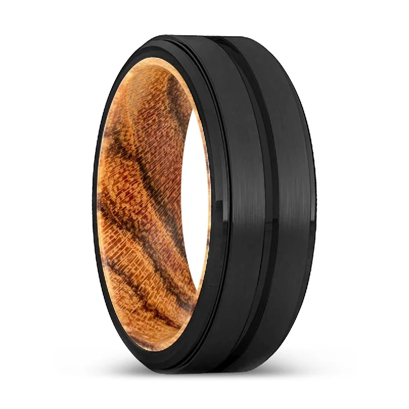 Women’s wedding ring set with diamonds-CASEY | Bocote Wood, Black Tungsten Ring, Grooved, Stepped Edge