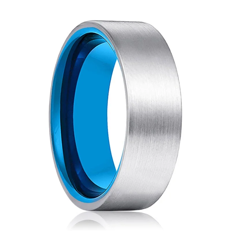 Women’s wedding rings for women-TURKS | Blue Ring, Silver Tungsten Ring, Brushed, Flat