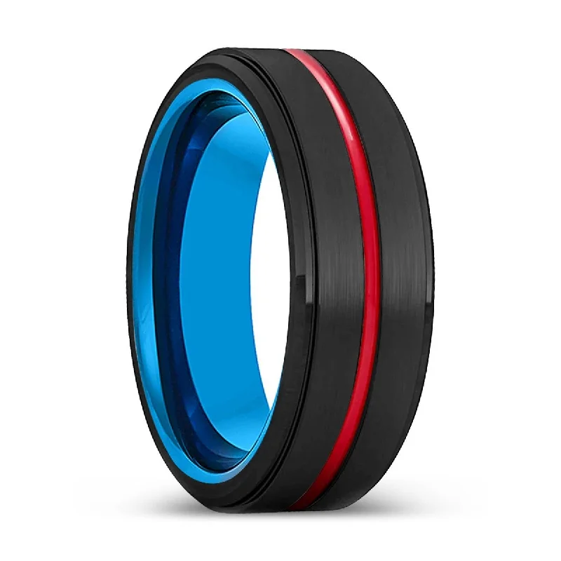 Women’s colorful engagement ring-STARSOUL | Blue Ring, Black Tungsten Ring, Red Groove, Stepped Edge