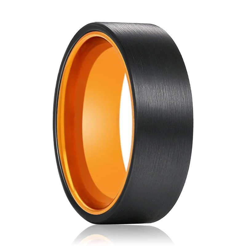 Women’s handmade wedding ring-GINGER | Orange Ring, Black Flat Brushed Tungsten Ring