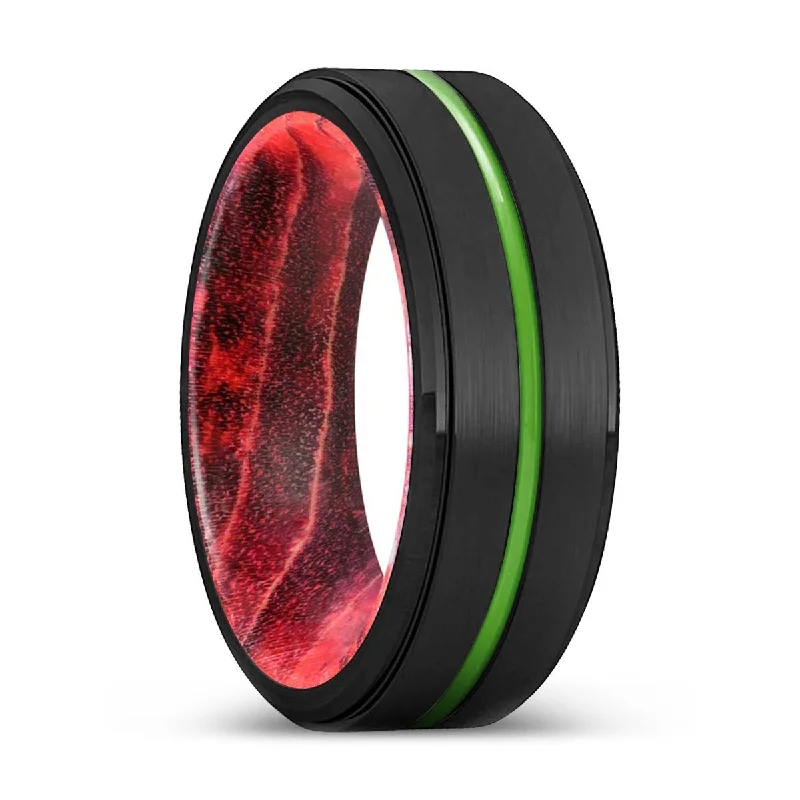 Women’s classic wedding ring-JOLIET | Black & Red Wood, Black Tungsten Ring, Green Groove, Stepped Edge