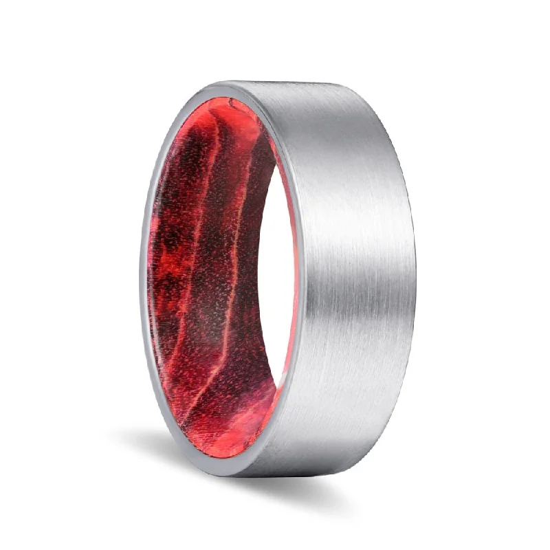 Women’s gemstone wedding ring-ELEMENT | Black & Red Wood, Silver Tungsten Ring, Brushed, Flat