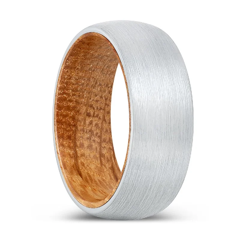 Women’s chunky engagement ring-GOLIATH | Whiskey Barrel Wood, White Tungsten Ring, Brushed, Domed