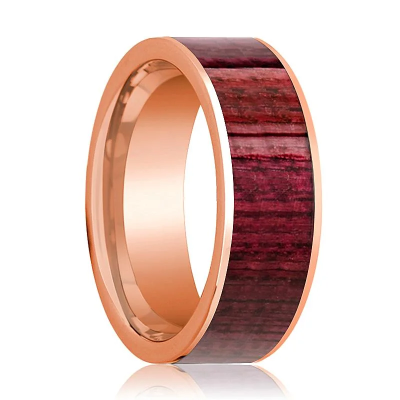 Women’s solitaire wedding ring-Polished 14k Rose Gold Flat Men's Wedding Band with Purpleheart Wood Inlay - 8MM