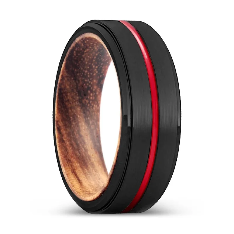 Women’s gemstone engagement ring-BAMBAM | Zebra Wood, Black Tungsten Ring, Red Groove, Stepped Edge