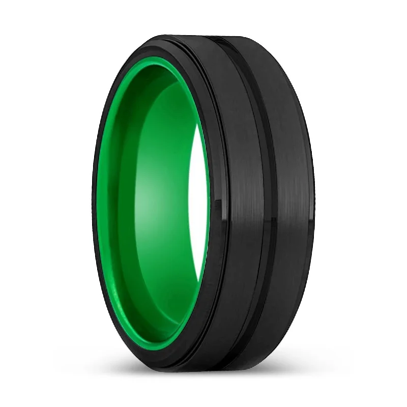 Women’s antique diamond ring-BLITZ | Green Ring, Black Tungsten Ring, Grooved, Stepped Edge