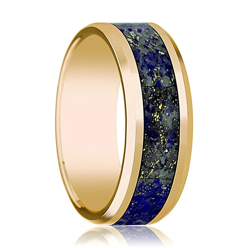 Women’s classic gold ring-Beveled 14k Yellow Gold Men's Wedding Band with Blue Lapis Lazuli Inlay Polished Finish - 8MM