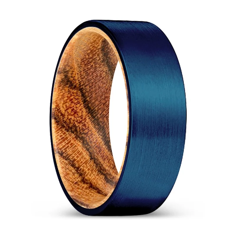 Women’s wedding ring set-MIRACLE | Bocote Wood, Blue Tungsten Ring, Brushed, Flat