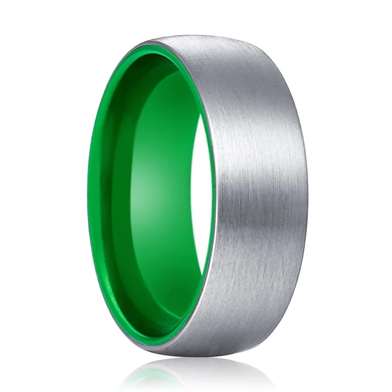 Women’s sapphire engagement ring-PAGANI | Green Ring, Silver Tungsten Ring, Brushed, Domed