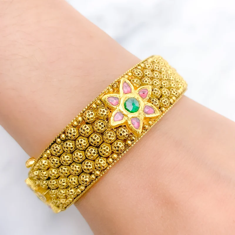 Women’s casual bracelet-Antique 22k Gold Bangle with Flower Accent