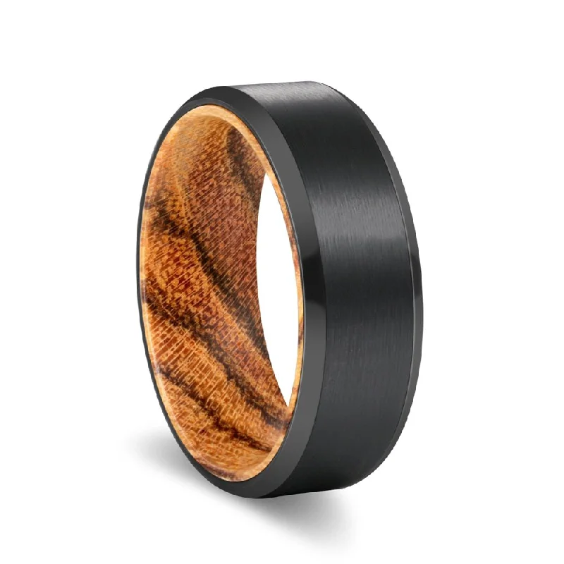 Women’s sapphire ring-SABLE | Bocote Wood, Black Tungsten Ring, Brushed, Beveled