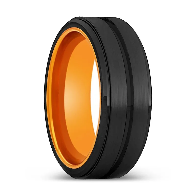 Women’s oval engagement ring-IRONMAN | Orange Ring, Black Tungsten Ring, Grooved, Stepped Edge