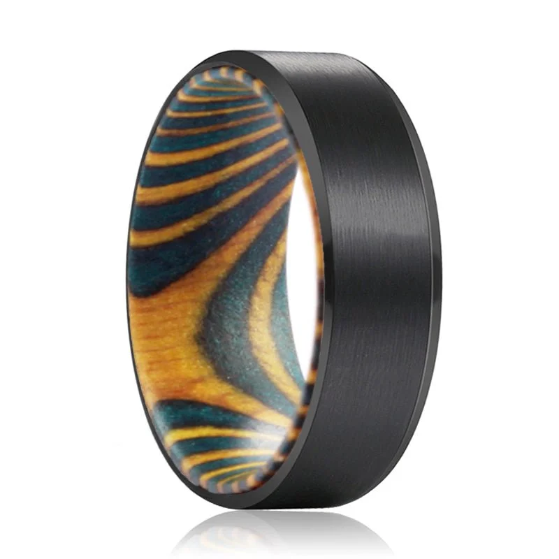 Women’s stackable rings-DAMON | Green and Yellow Wood, Black Tungsten Ring, Brushed, Beveled